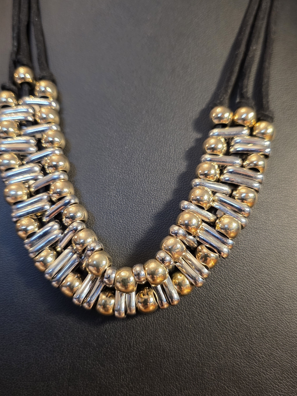 Statement Gold & Silver Bead Necklace - Two Tone. Black Cords.